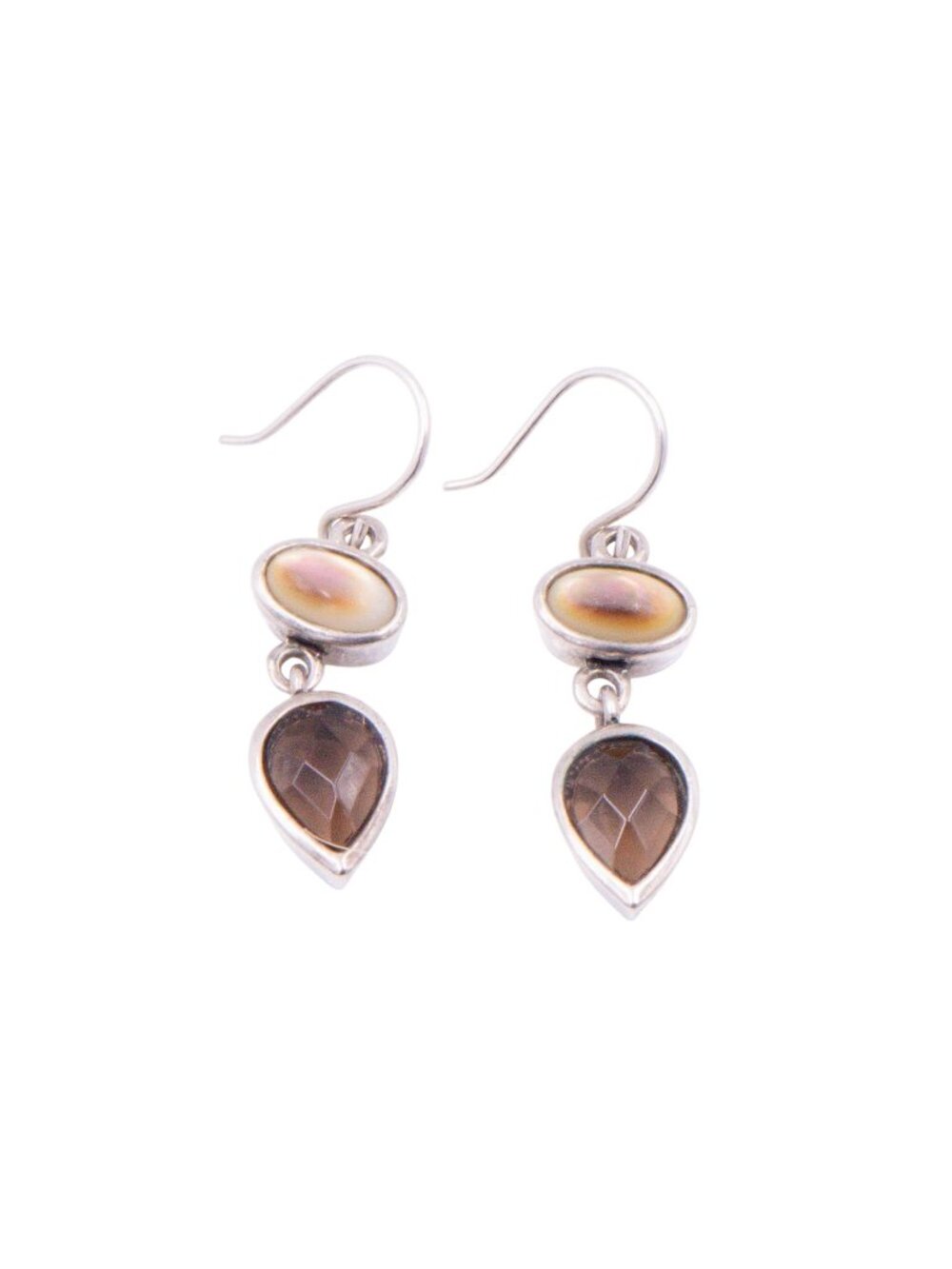 Sterling Silver Smoky Quartz Mother Of Pearl 1.25 Inch Dangle Earrings